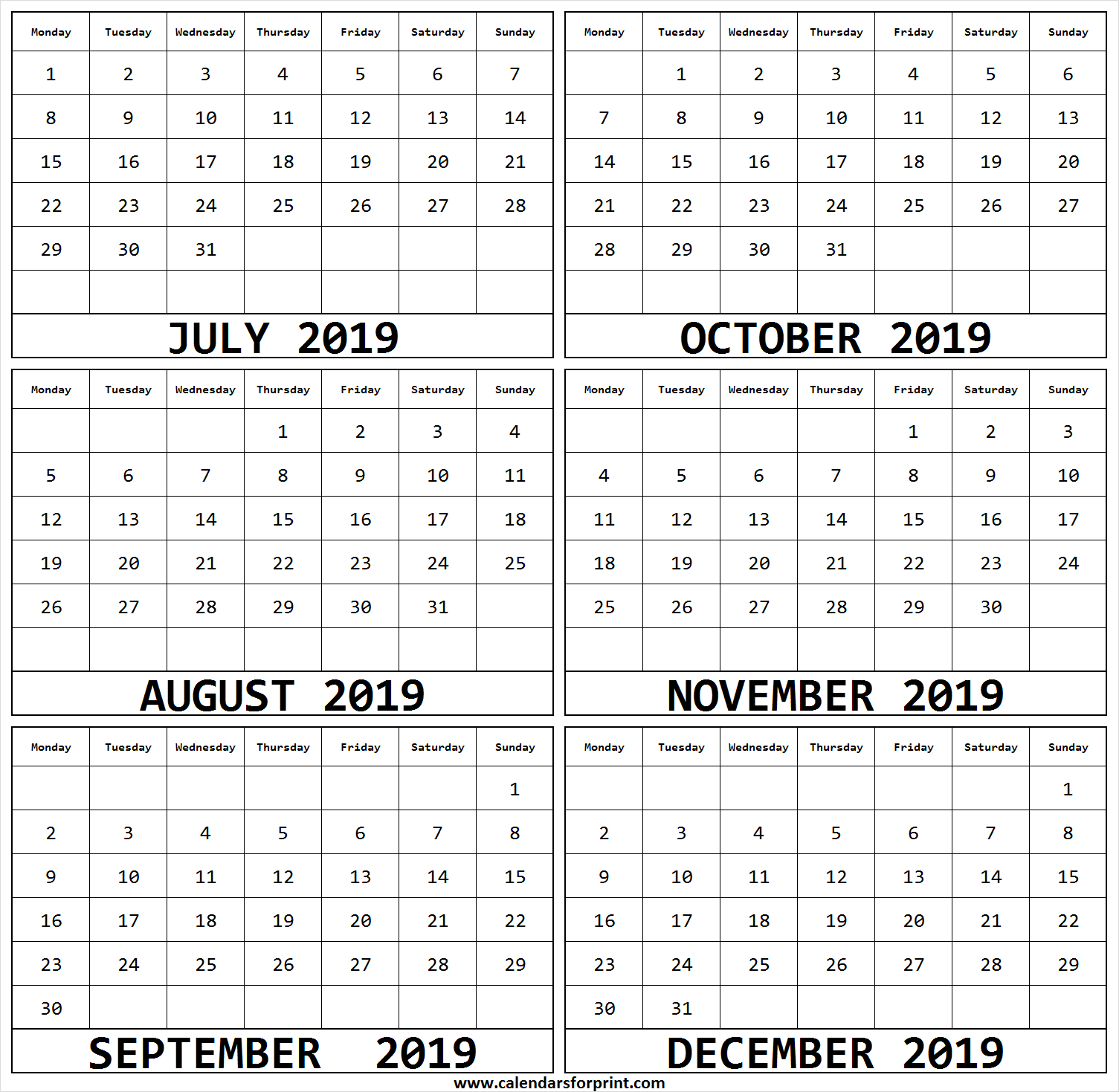 6 Month July December 2019 Calendar | Calendar 2019 Doc