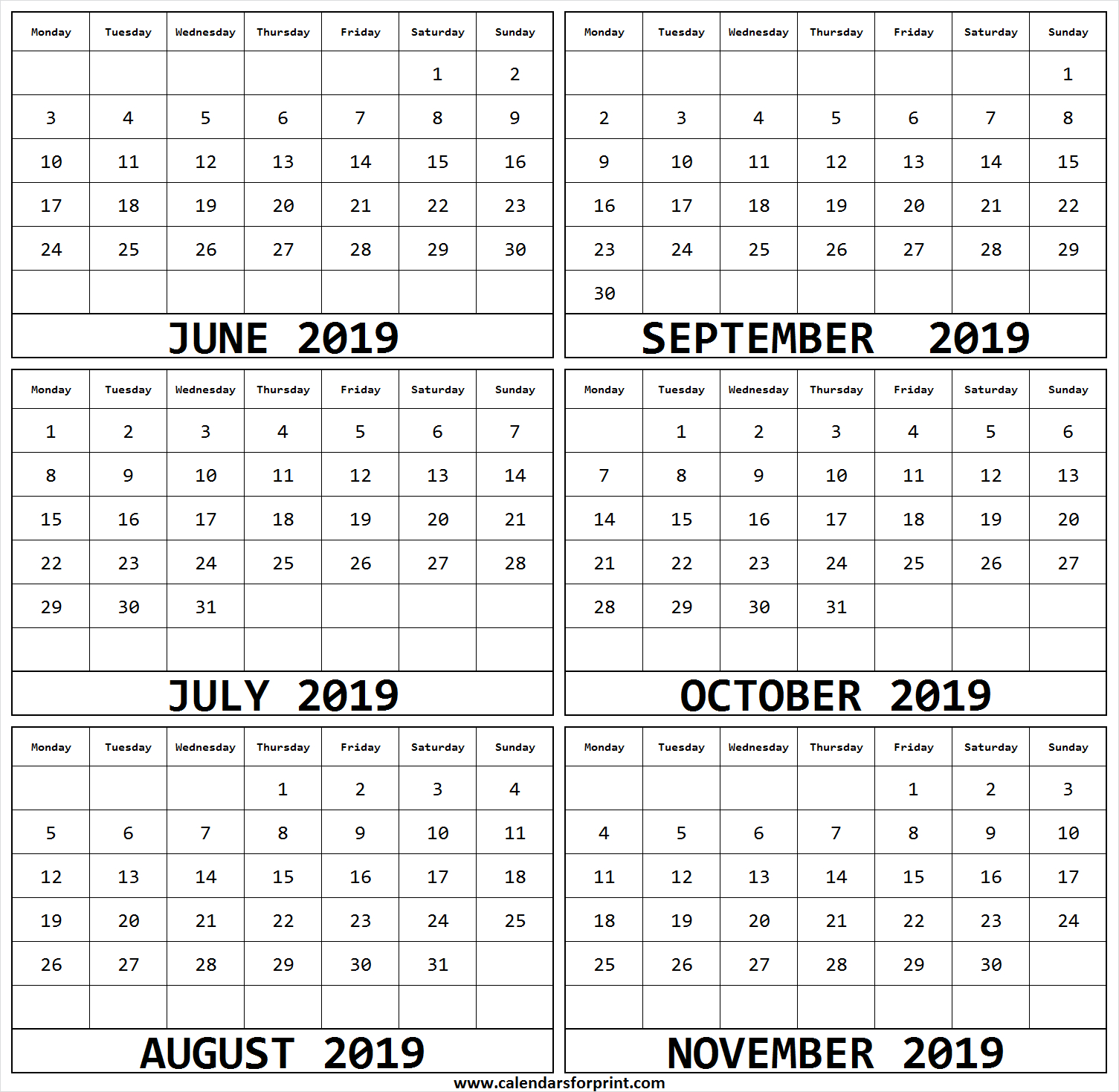 6 Month June November 2019 Calendar | 2019 Calendar Template