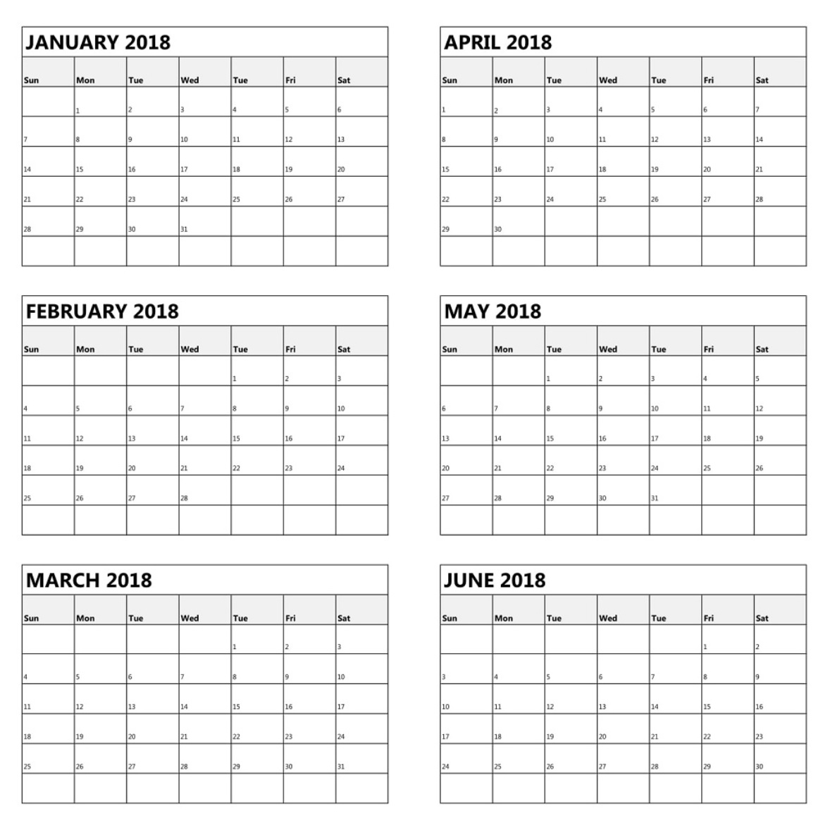 6 Month One Page Calendar 2018 Calendar 2019 | Calendar