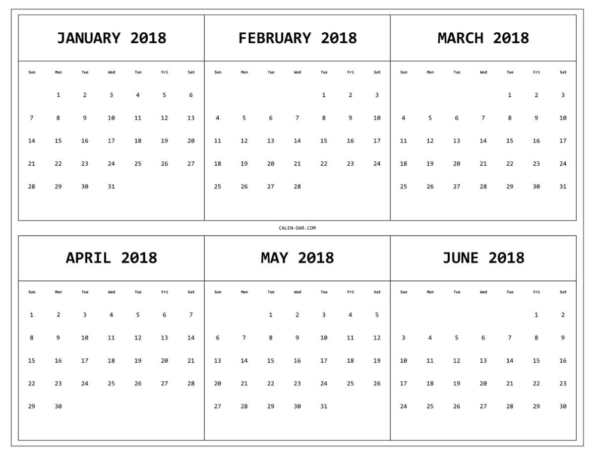 6 Month One Page Printable Calendar 2018 | Maxcalendars