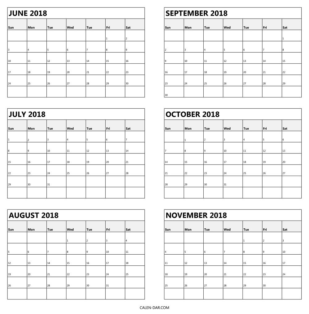 6 Monthly Calendar 2018 June To November Template | 2018