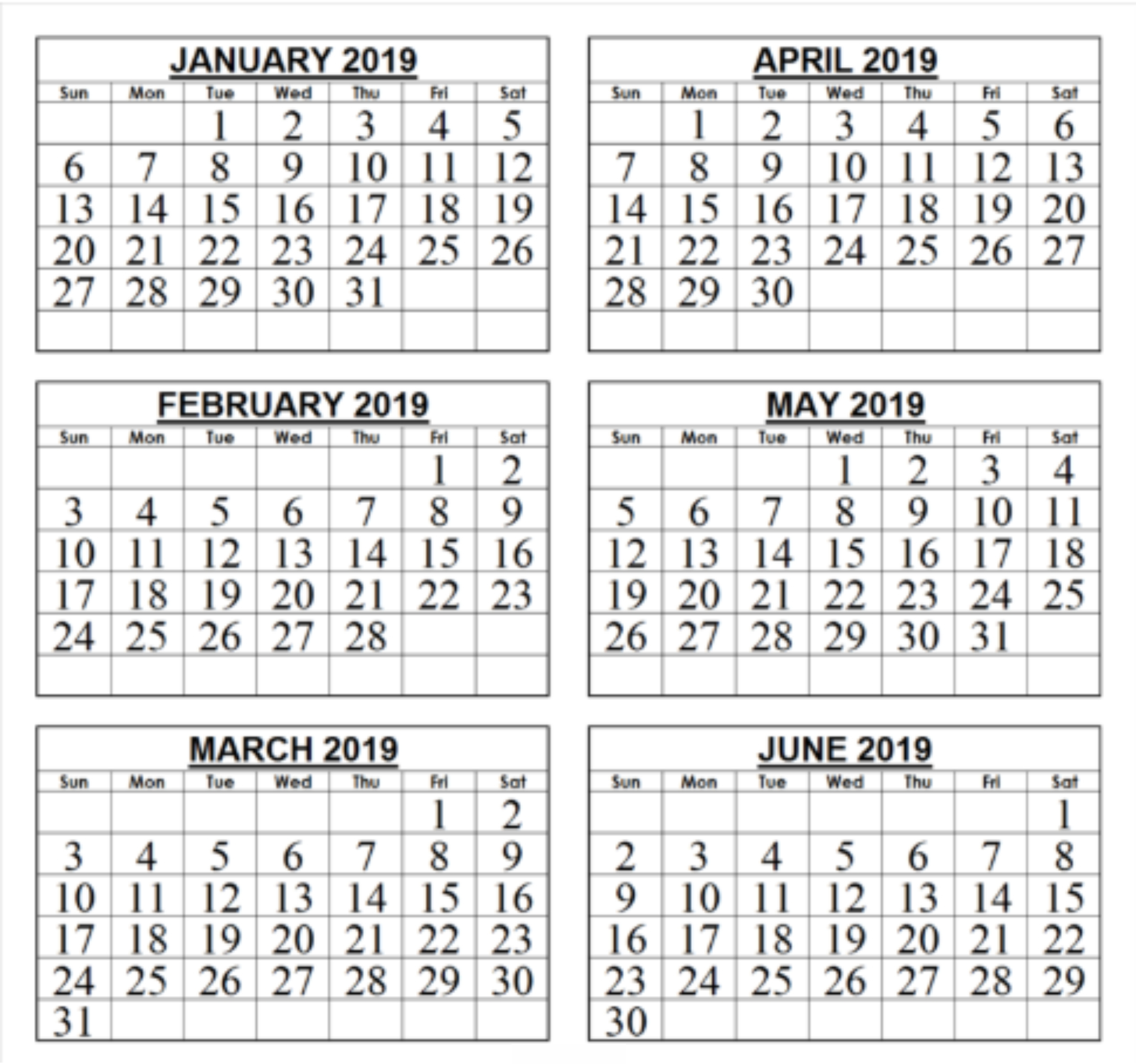 6 Monthly Calendar 2019 Printable • Printable Blank Calendar