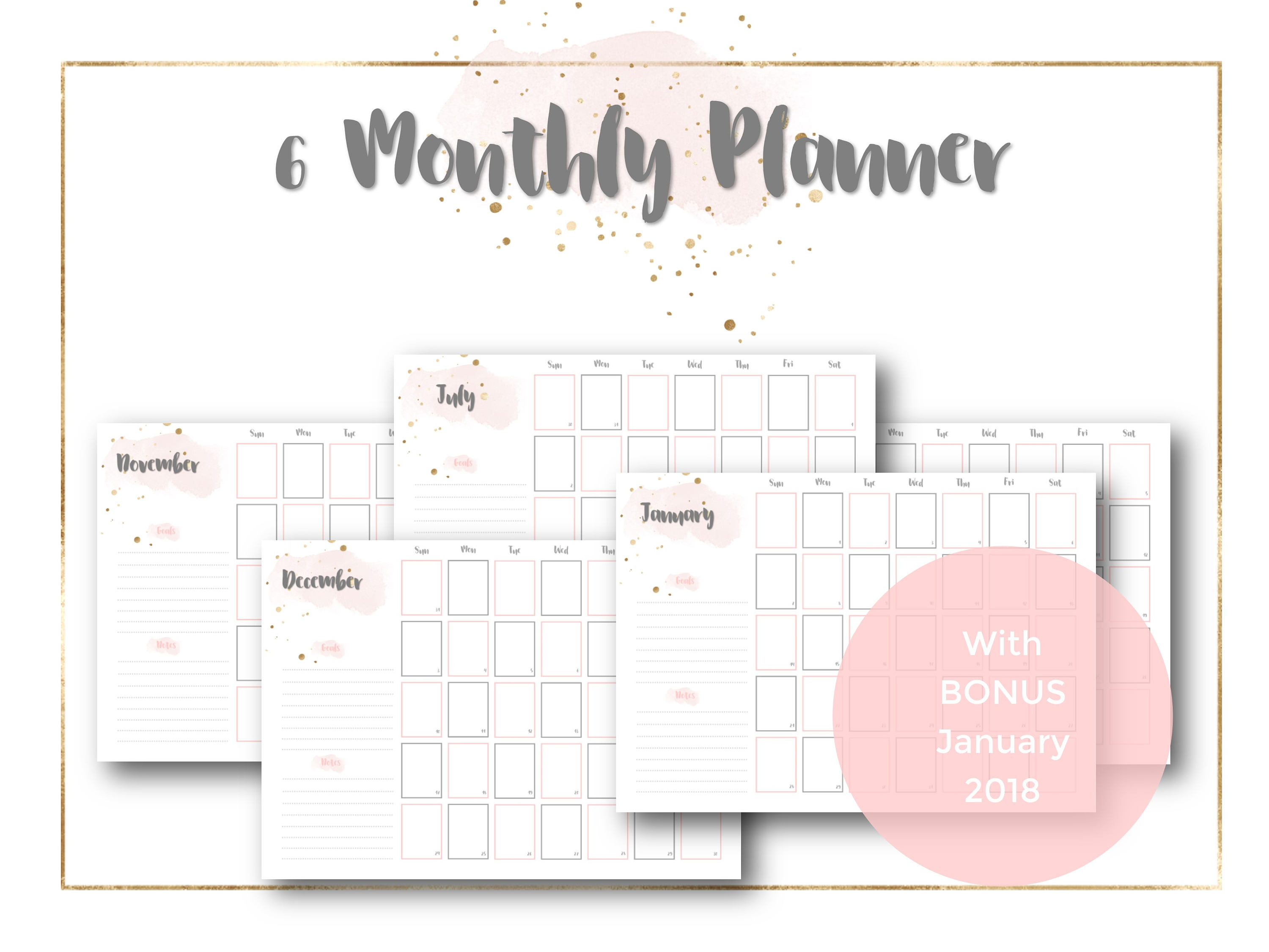 6 Monthly Calendar Planner Bundle July To December 2017 &amp; Bonus January  2018, Blush Pink, Gold, Grey, Planner Printable, 6 Month Overview