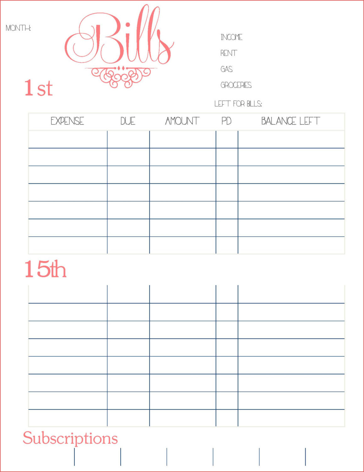 Free Printable Monthly Bills Chart | Example Calendar ...