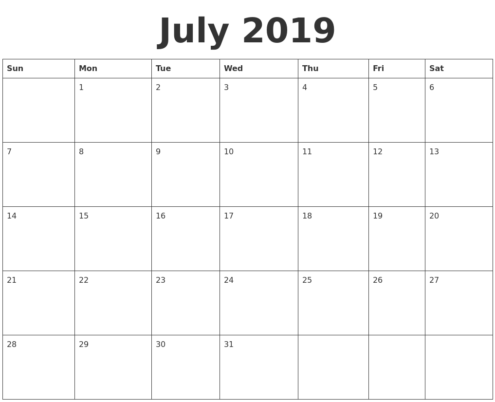 8 X 10 Printable Calendar July 2019 | Calendar Format Example