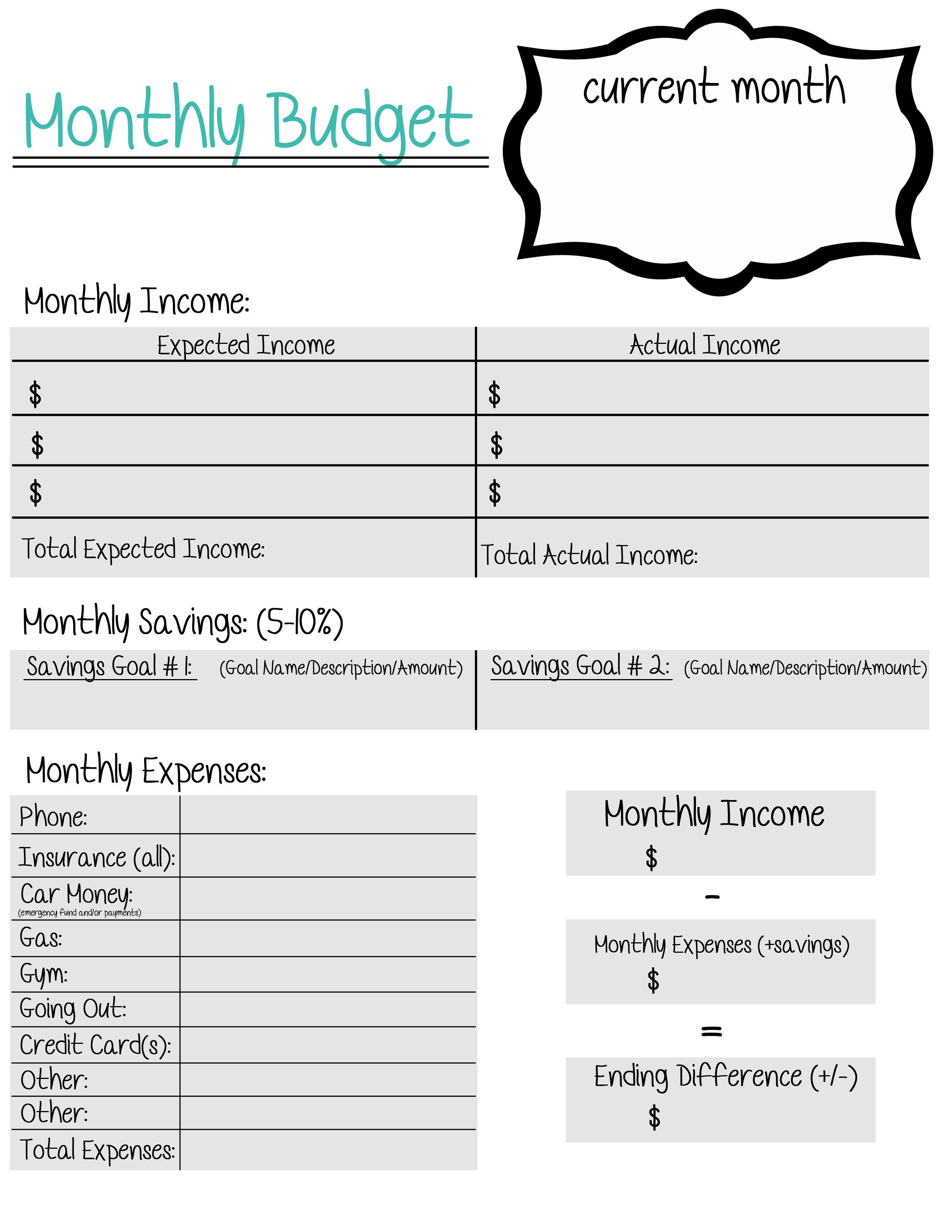 A Free, Printable, Monthly Budget Sheet Created For Young