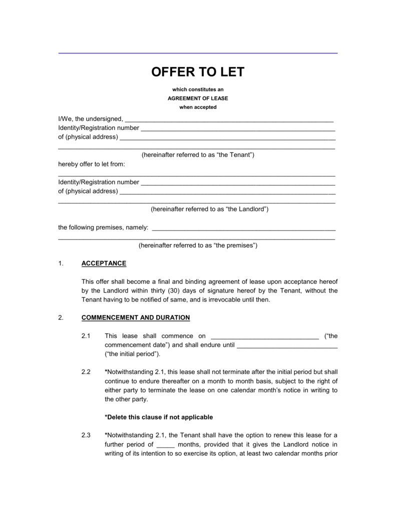 A Standard Lease Agreement For Free.