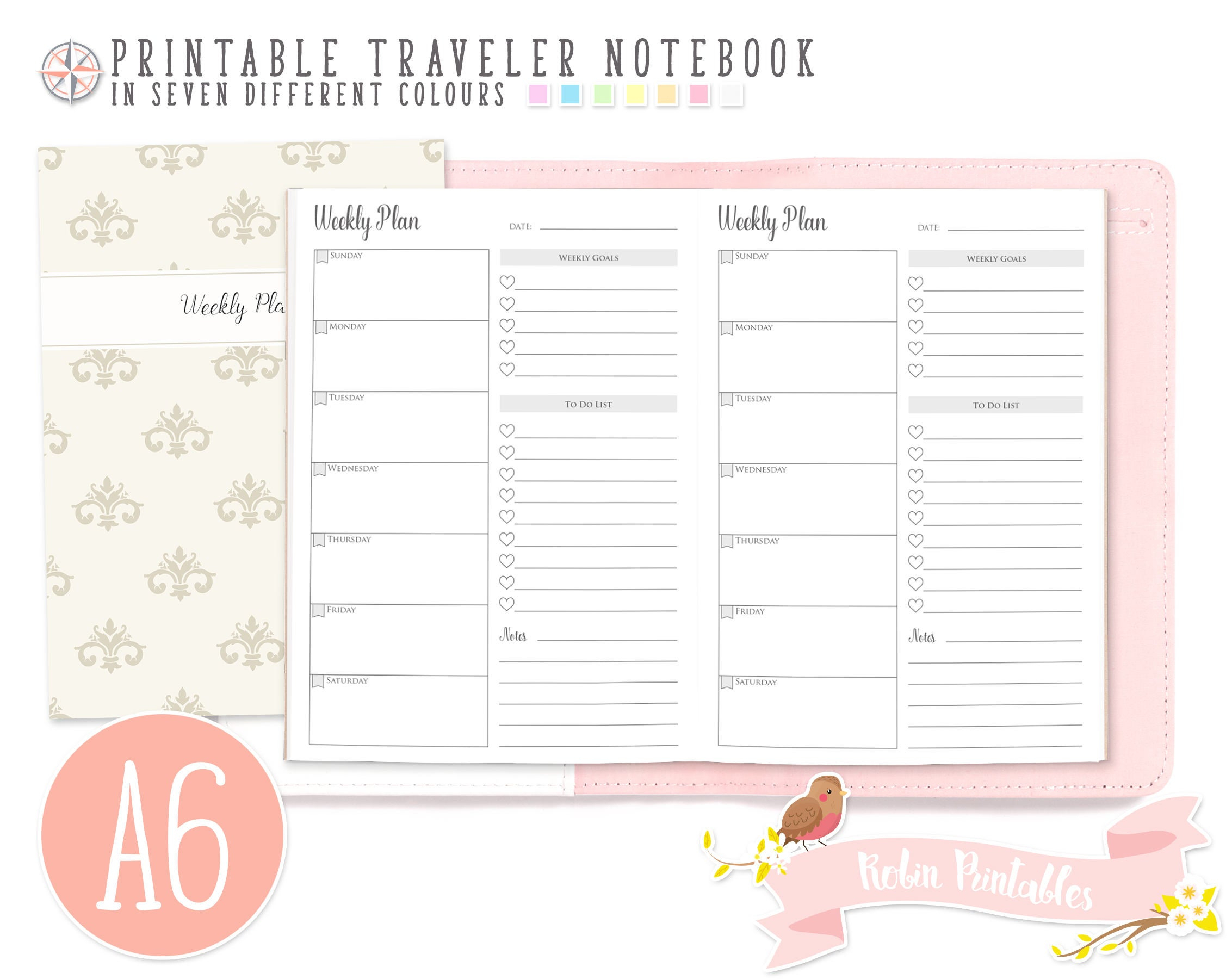 A6 Weekly Planner Sunday Start Traveler Notebook Refill. 4 X 6 Printable Tn  Download Personal Use. Weekly Schedule, Week Plan Inserts