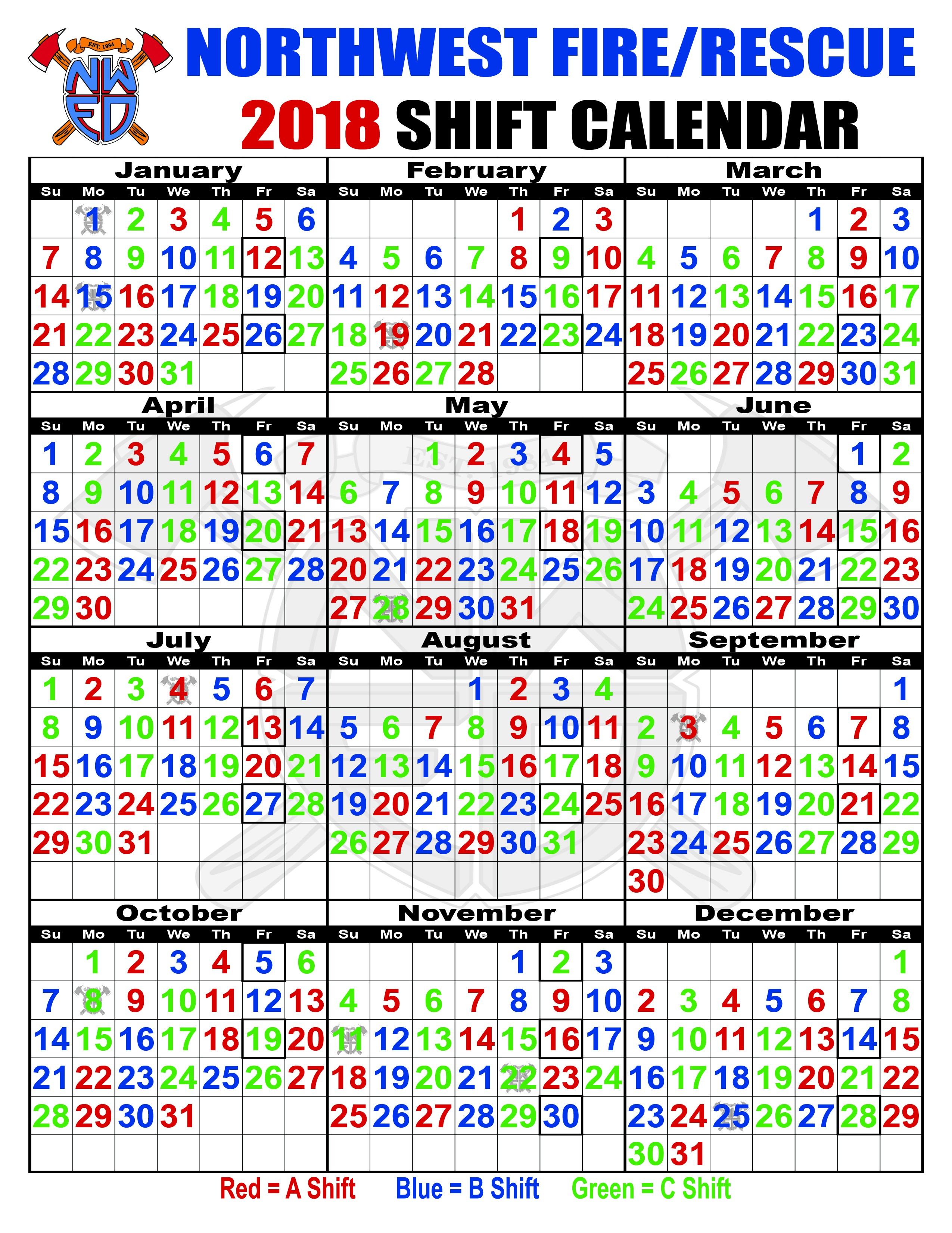 Abc Firefighter Shift Calendar 2018 Printed For Cost-Free