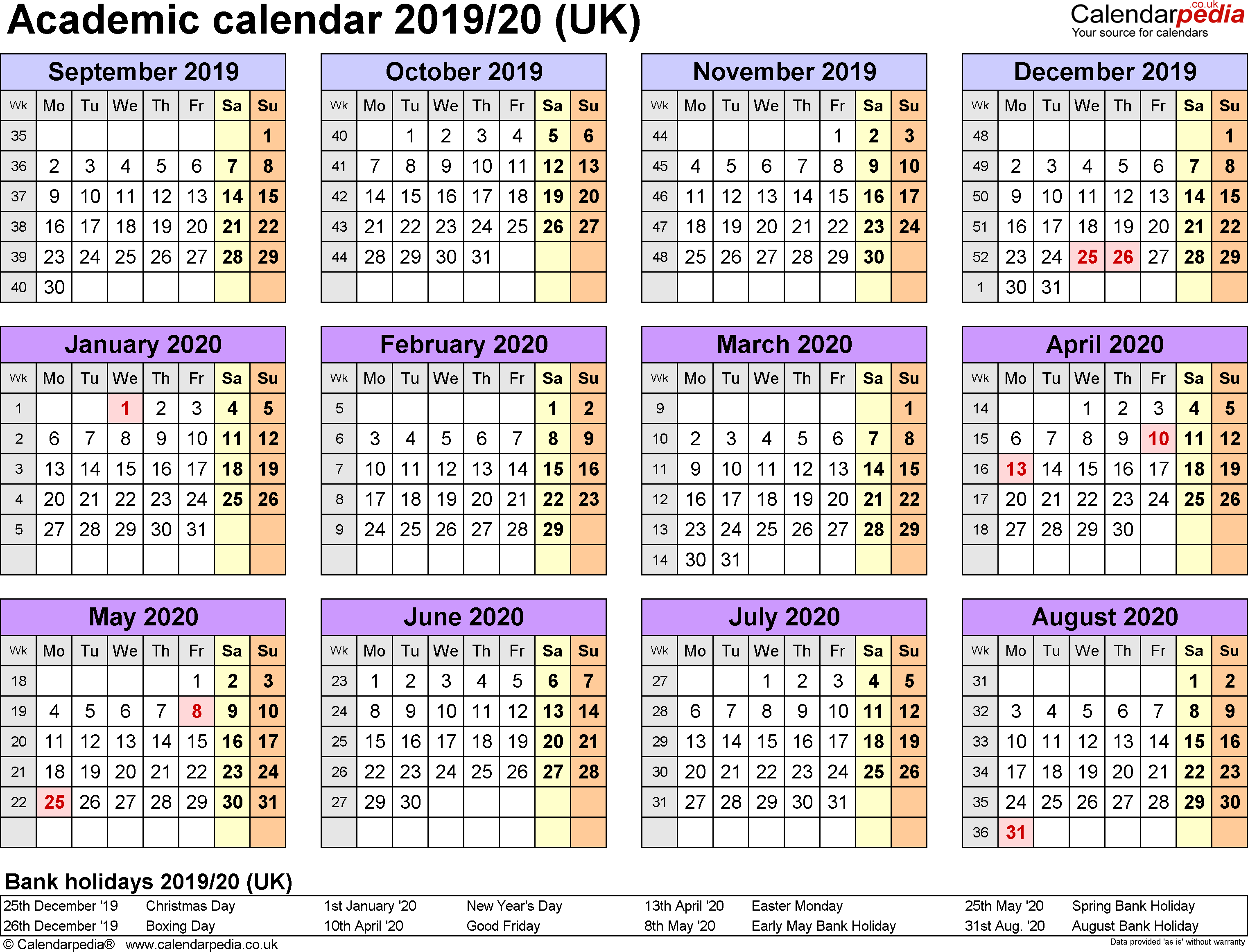 Academic Calendars 2019/2020 As Free Printable Word Templates