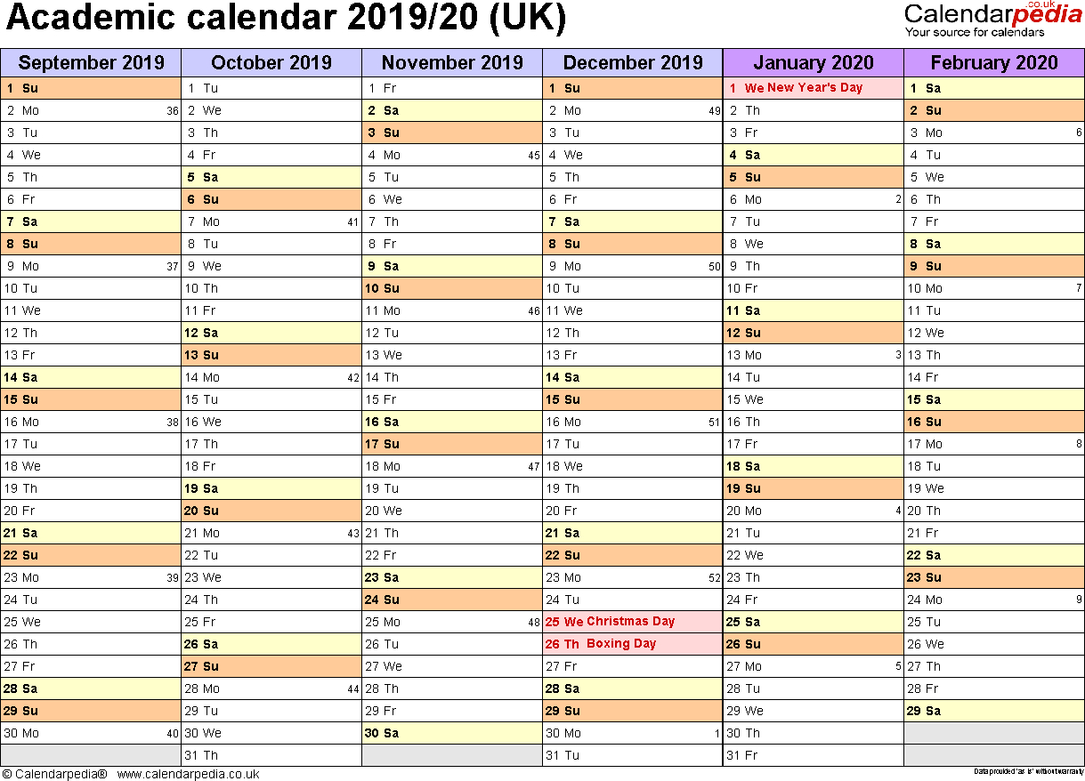 Academic Calendars 2019/2020 As Free Printable Word Templates