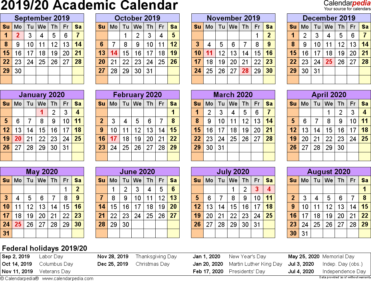 Academic Calendars 2019/2020 - Free Printable Pdf Templates