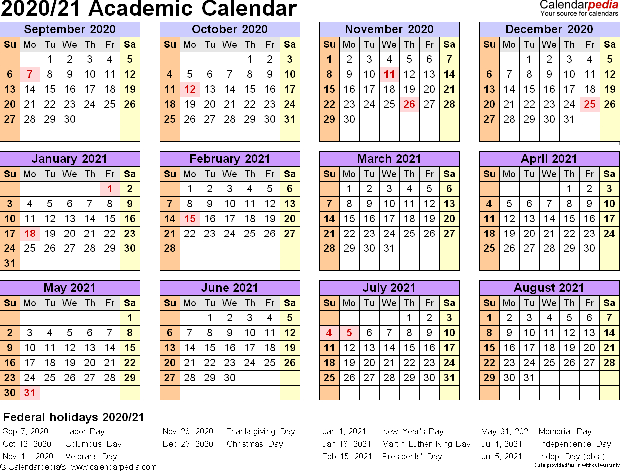 Academic Calendars 2020/2021 - Free Printable Pdf Templates