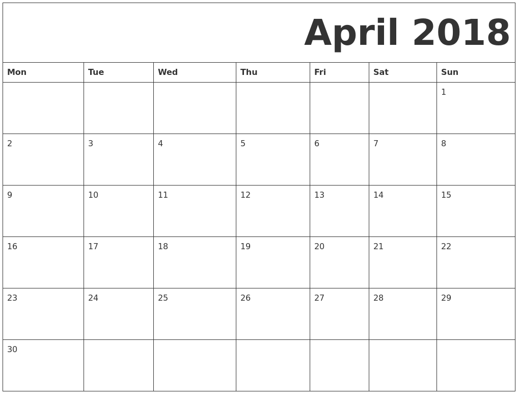 April 2018 Monday Starting Calendar | 2018 Calendars | 2018