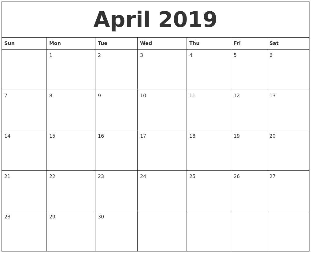 April 2019 Print Out Calendar