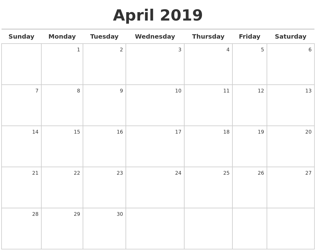 April 2019 Printable Calendar Blank Templates Holidays