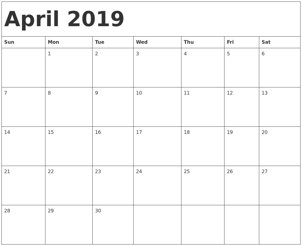 April 2019 Printable Calendar Free Templates - Printable