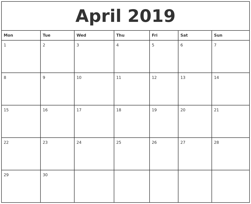 April 2019 Printable Monthly Calendar