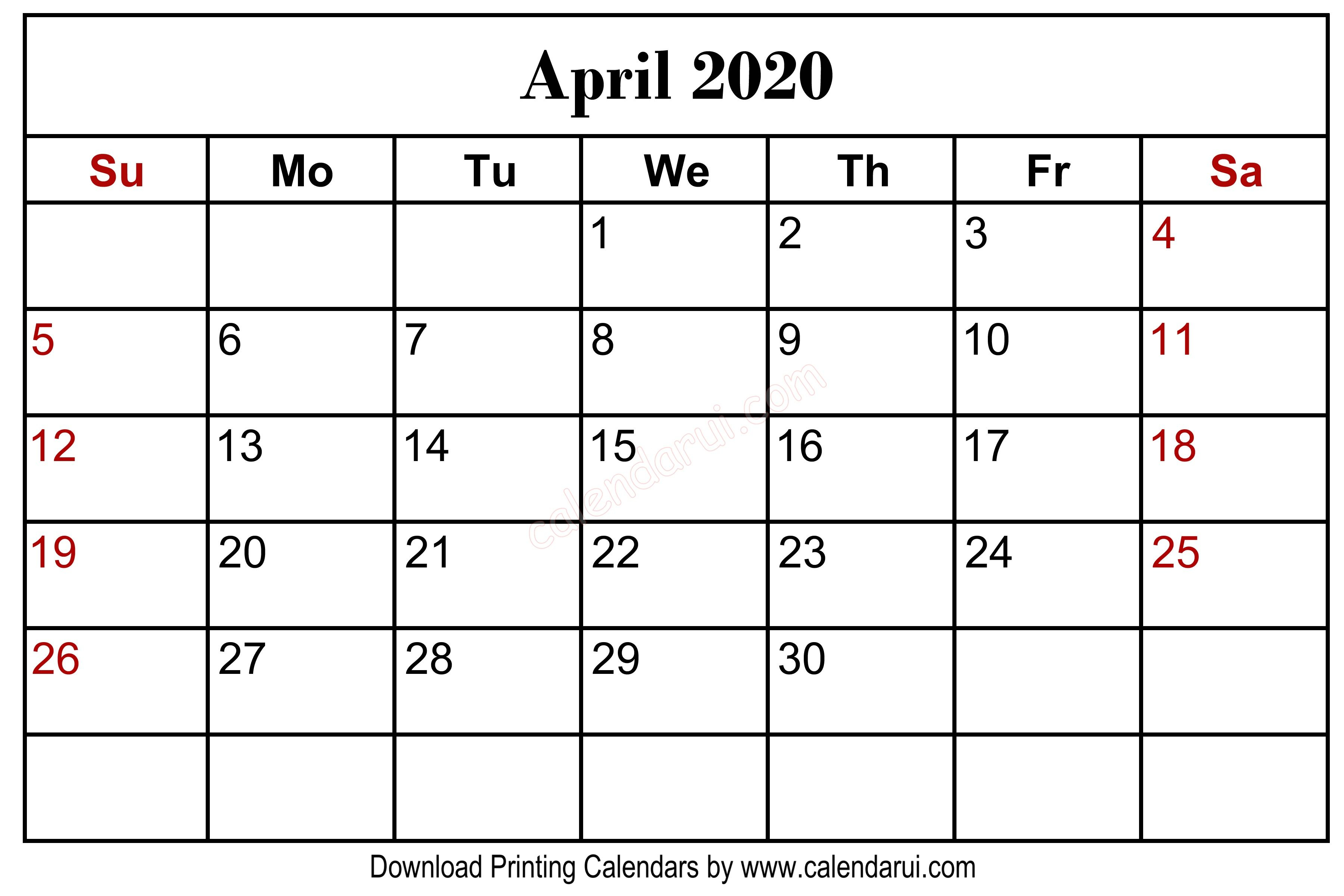 April 2020 Blank Calendar Printable Centre Header | Monthly