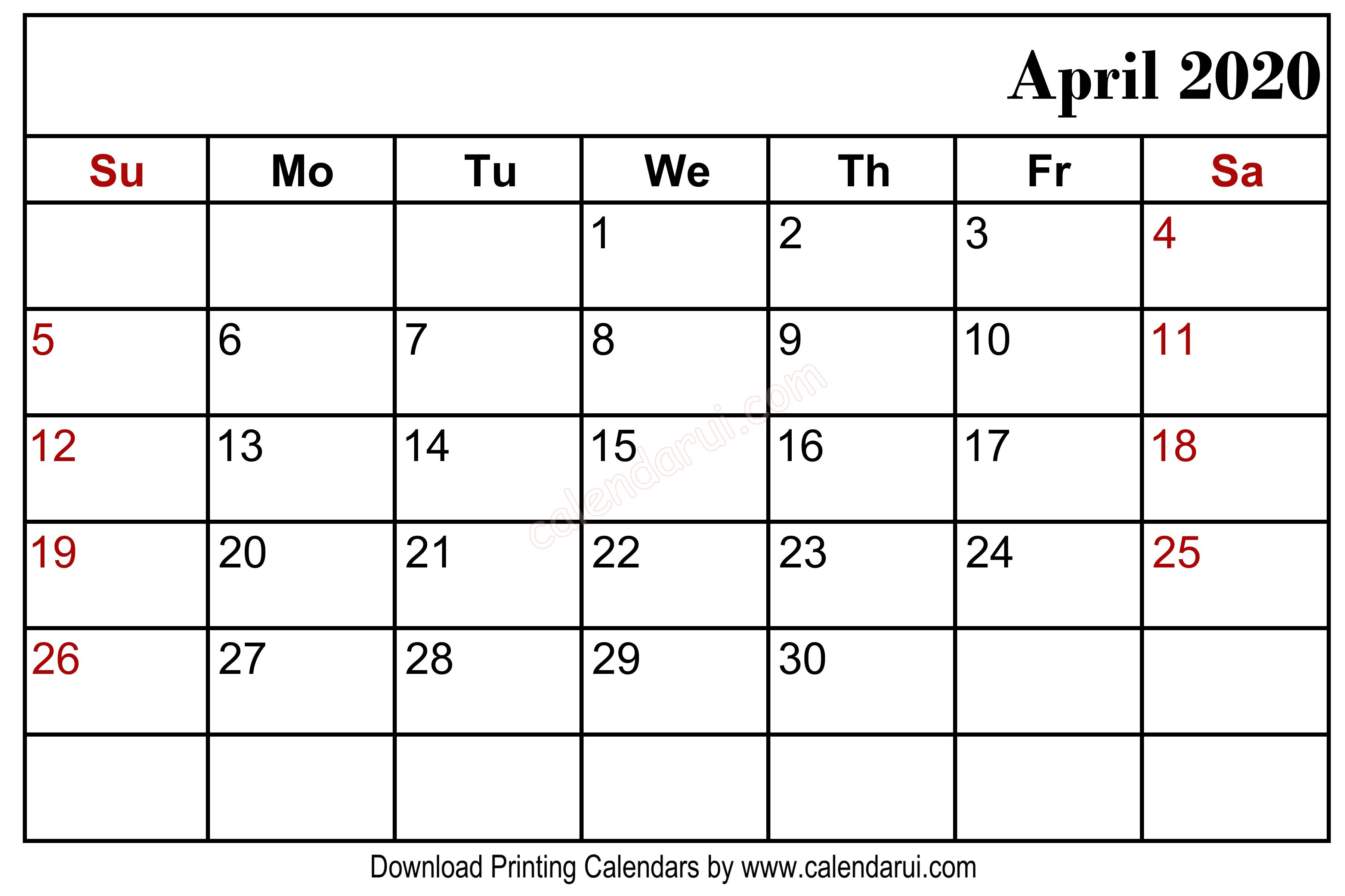 April 2020 Blank Calendar Printable Right Header | Monthly