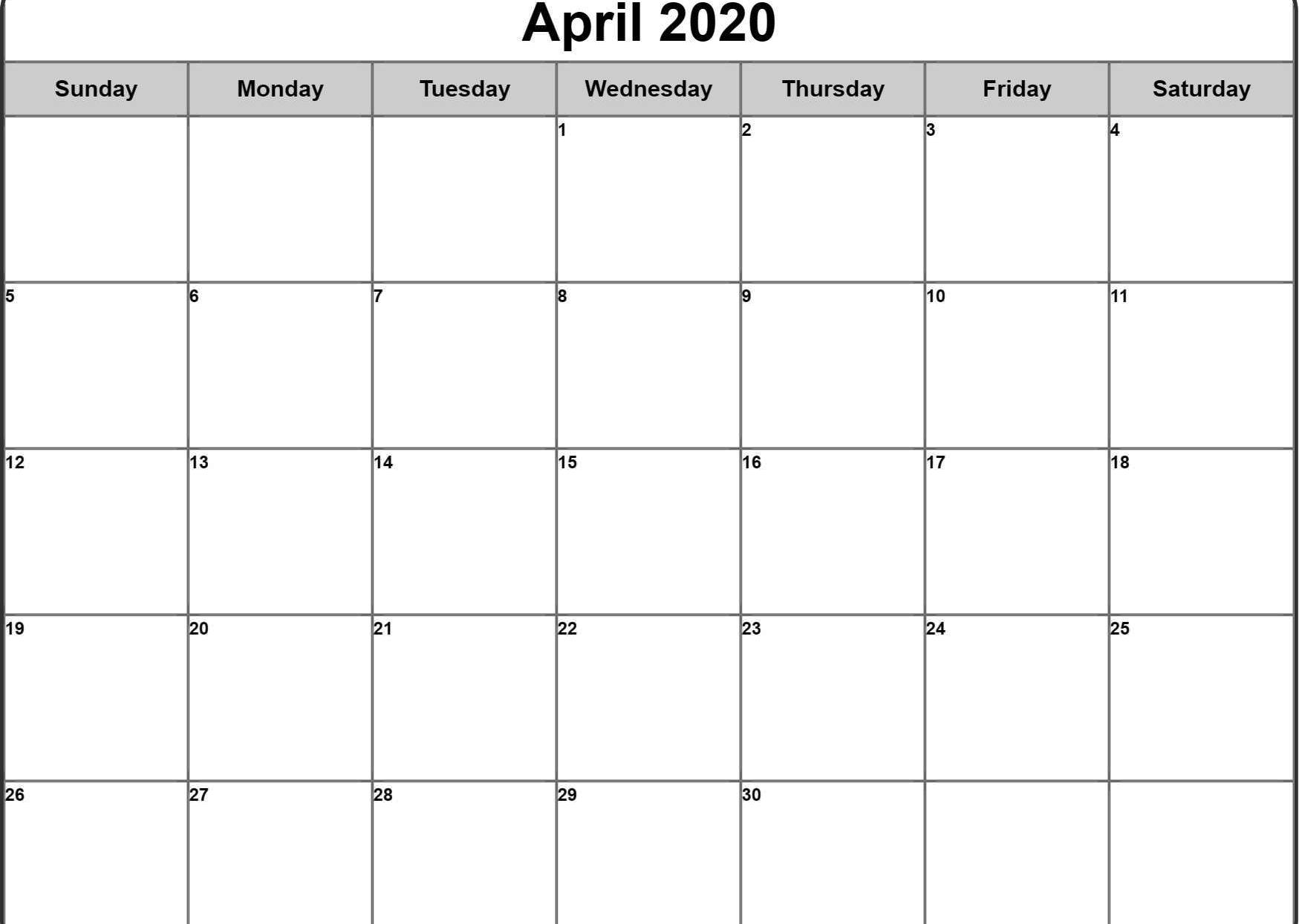 April 2020 Calendar Printable Blank Template Pdf Word Excel