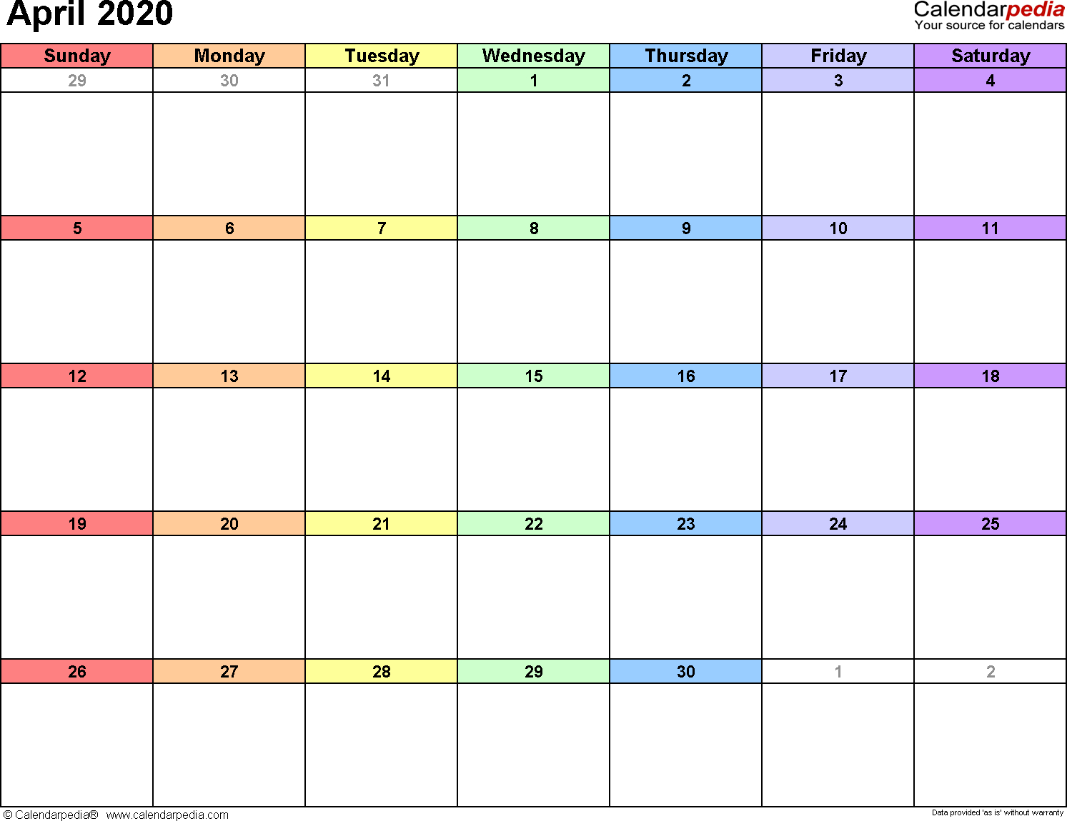 April 2020 Calendars For Word, Excel &amp; Pdf