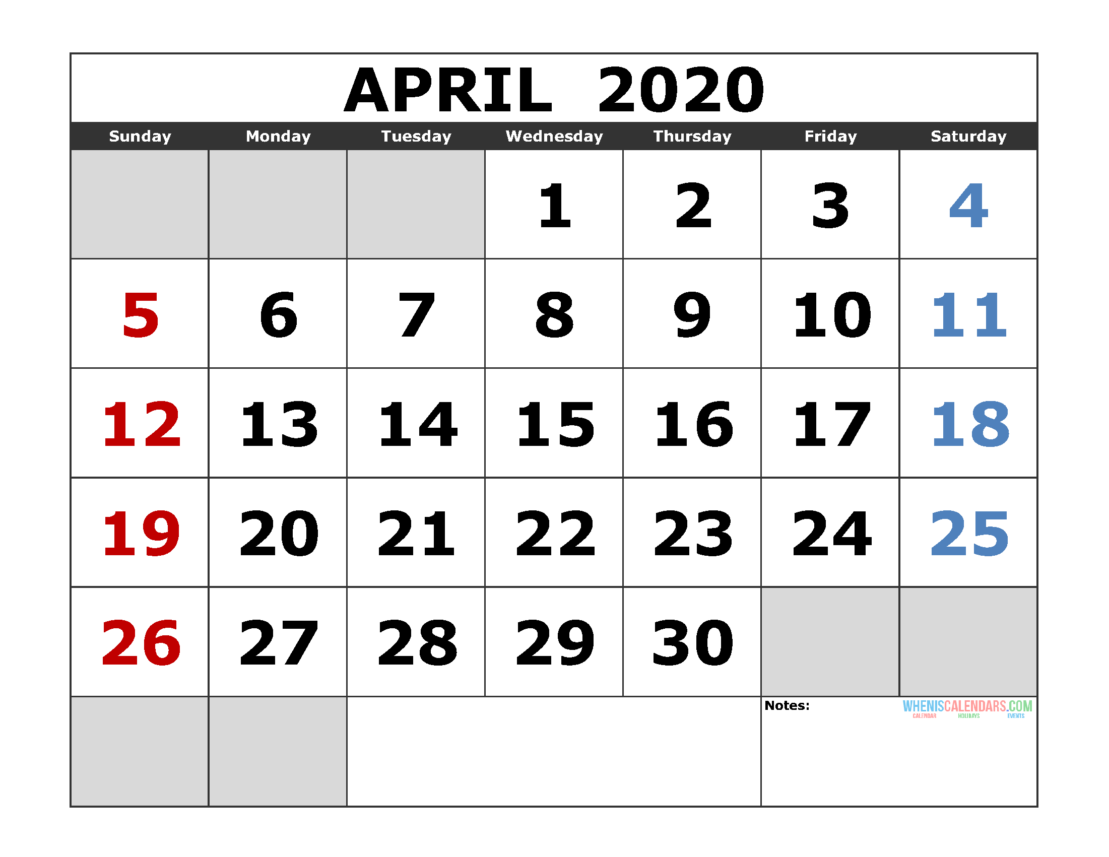 April 2020 Printable Calendar Template Excel, Pdf, Image [Us