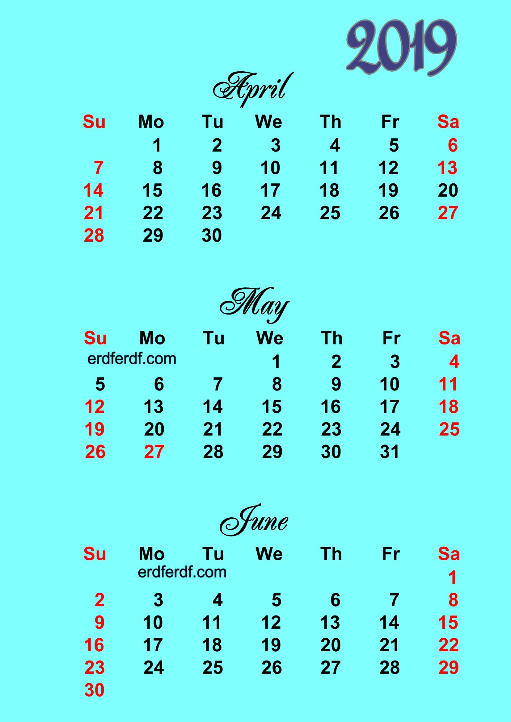 April May June Printable Calendar 2019 2 Months Per Page