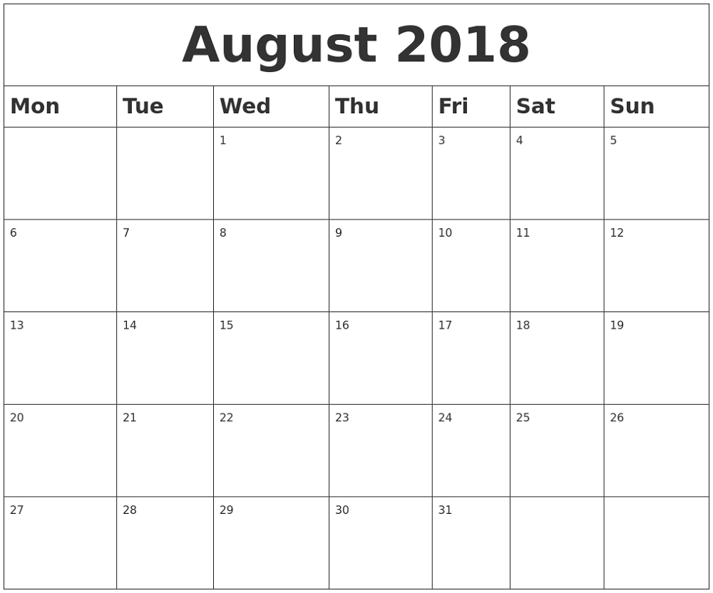 August 2018 Monthly Calendar Desk | Printable | Blank