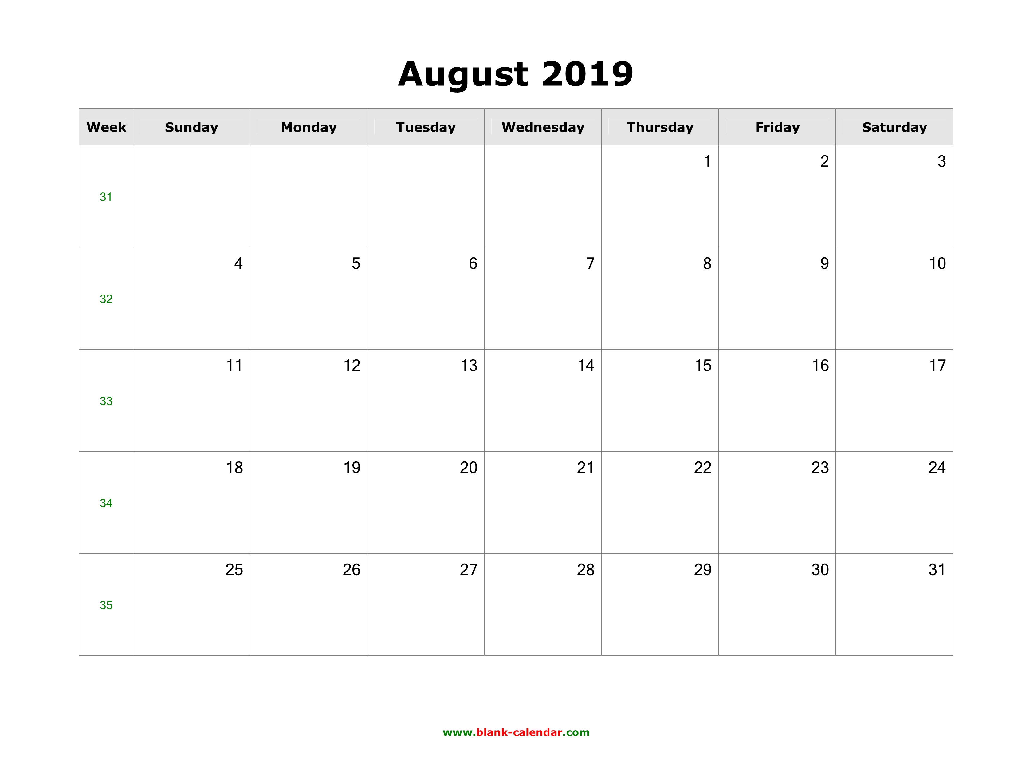 August 2019 Blank Calendar | Free Download Calendar Templates