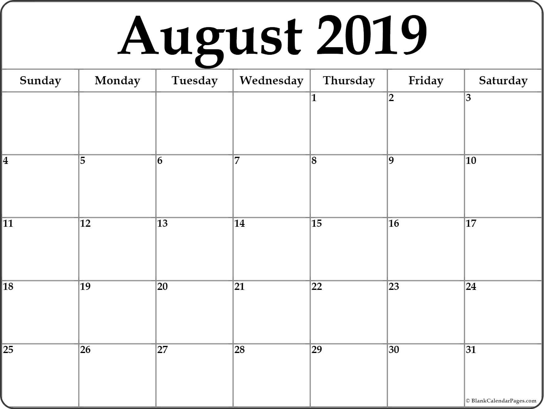 August 2019 Calendar | Free Printable Monthly Calendars