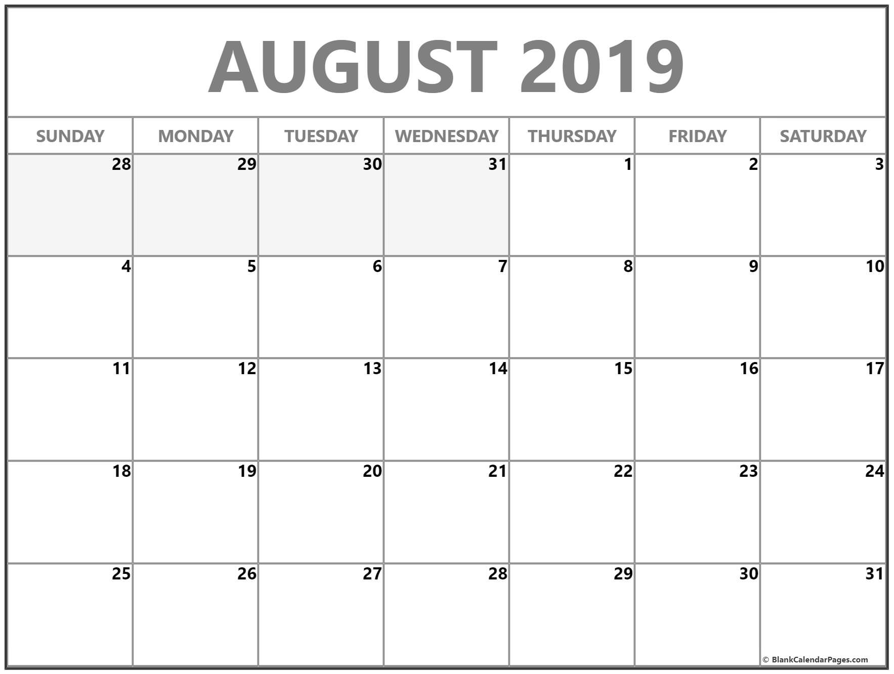 August To December Calendar Template 2019