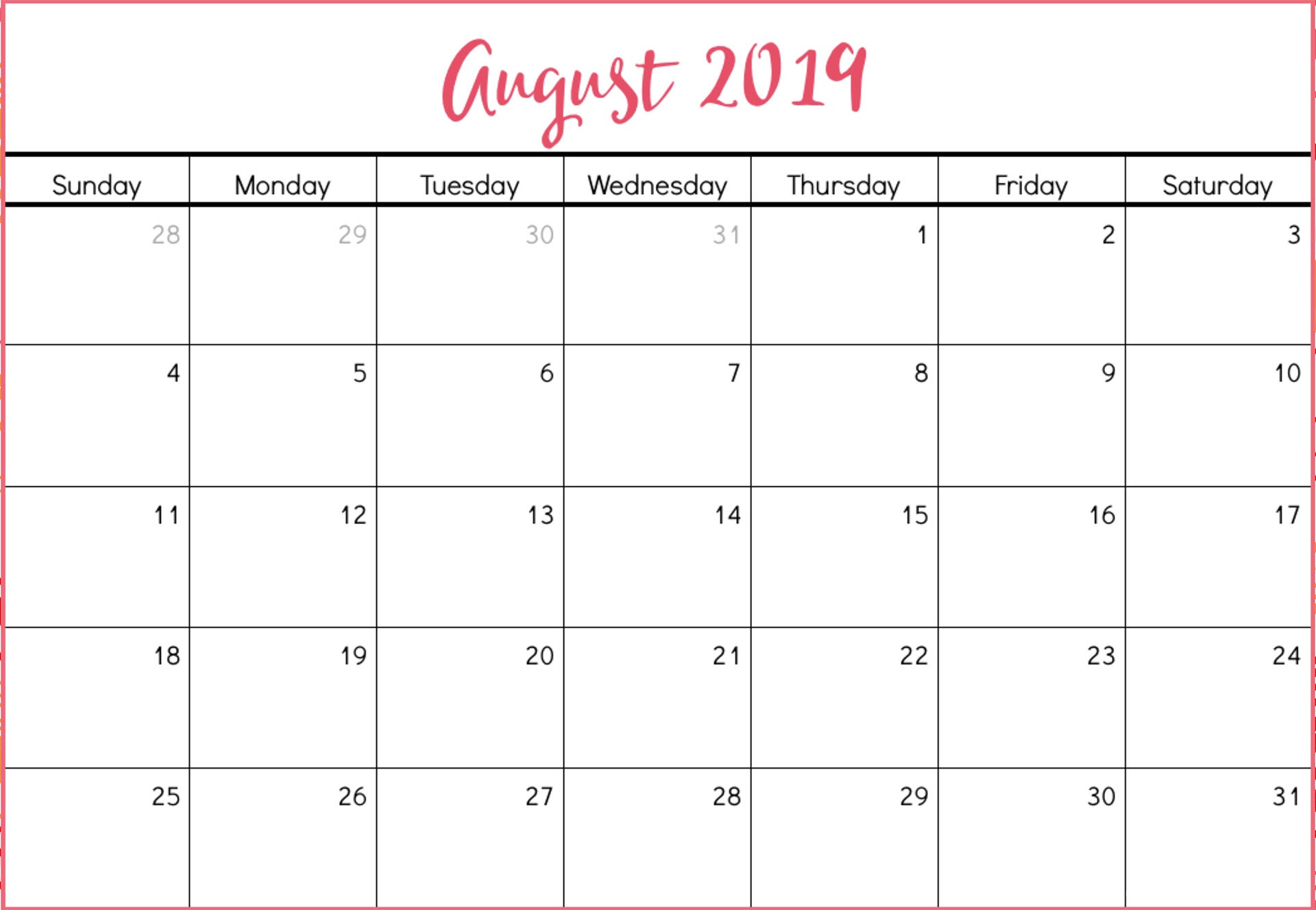 August 2019 Calendar Monthly Organizer - Free Printable