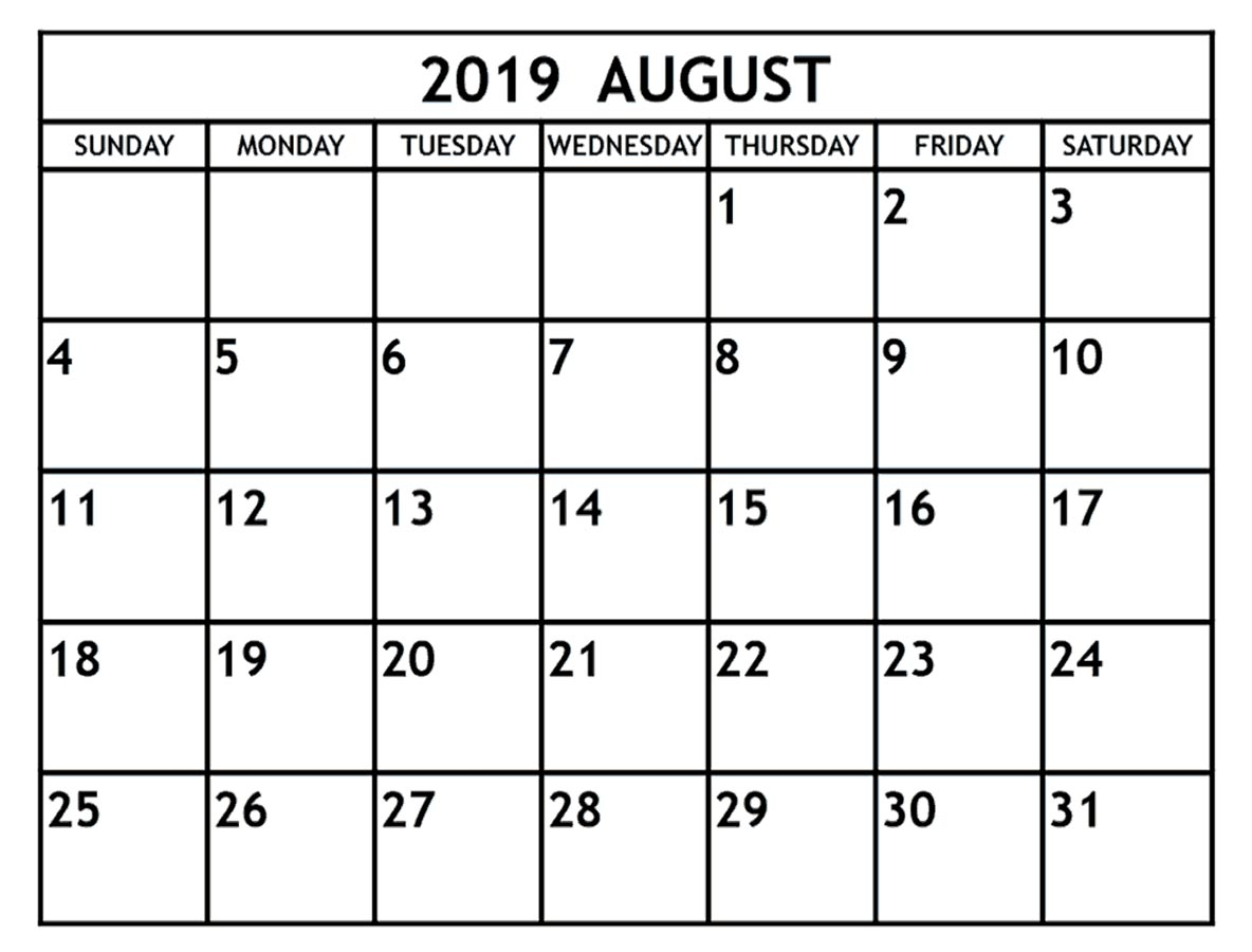 August 2019 Calendar Printable - 2019 Monthly Calendar