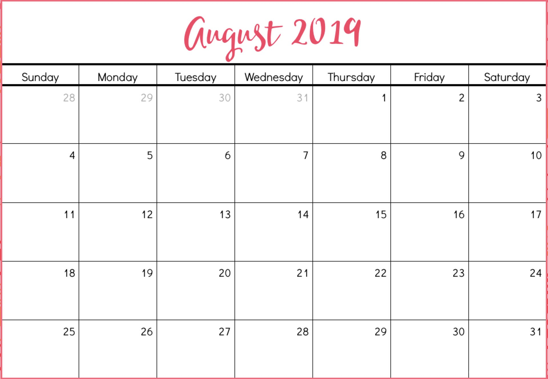 August 2019 Calendar Template Time Scheduler - Free