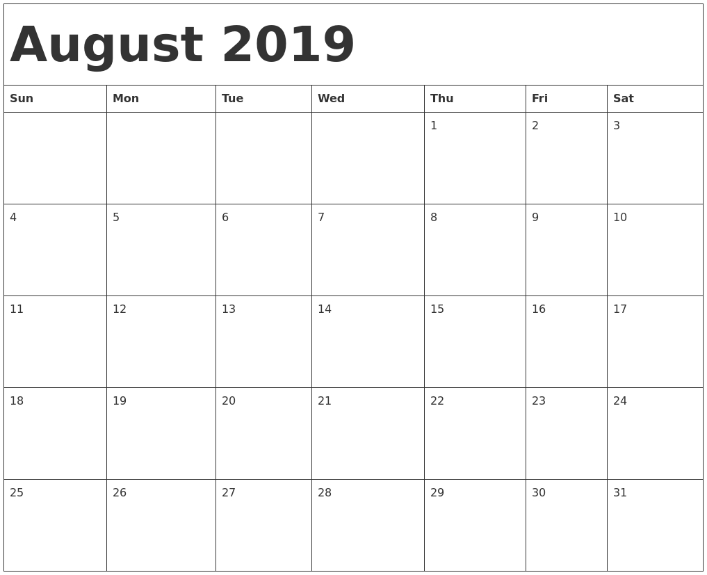 August 2019 Calendar Template Time Scheduler - Free