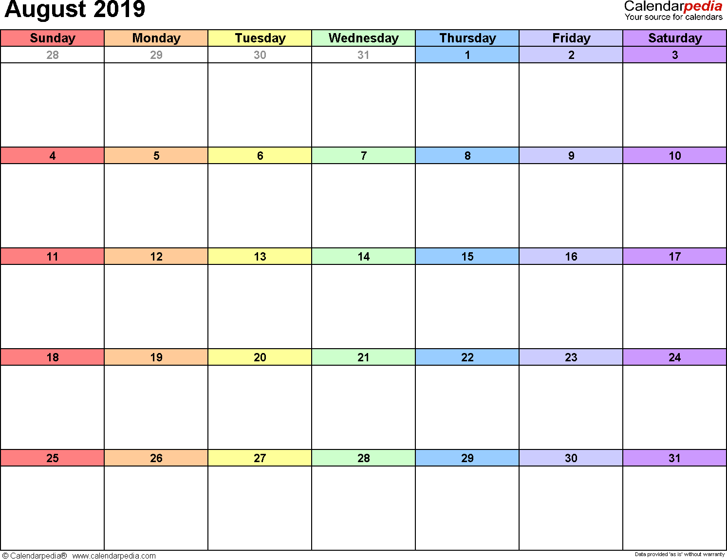 August 2019 Calendars For Word, Excel &amp; Pdf