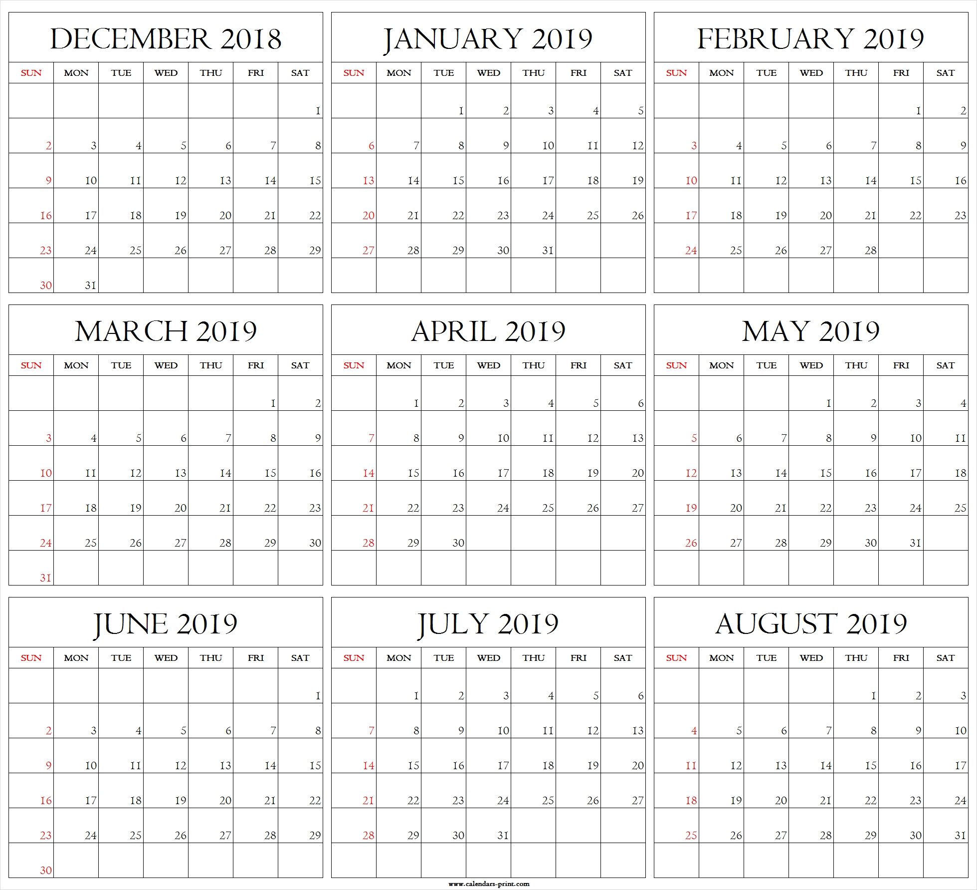 August 2019- December 2019 Calendar | Calendar Format Example