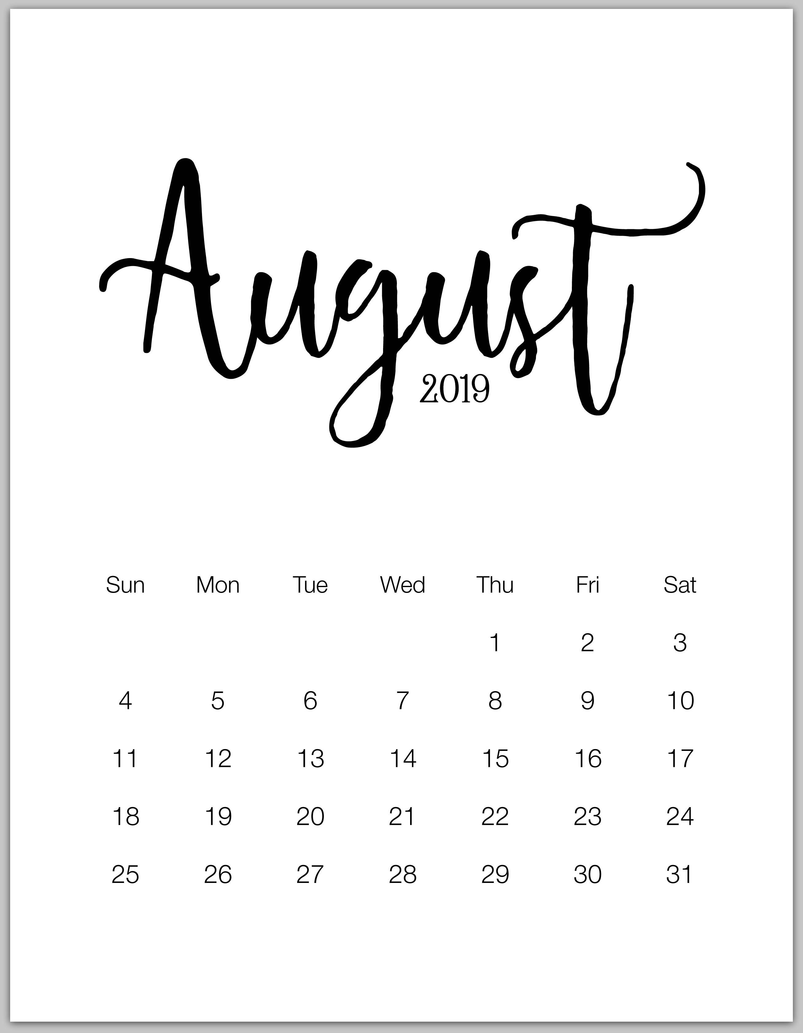 August 2019 Minimalist Calendar | Bbb | August Calendar