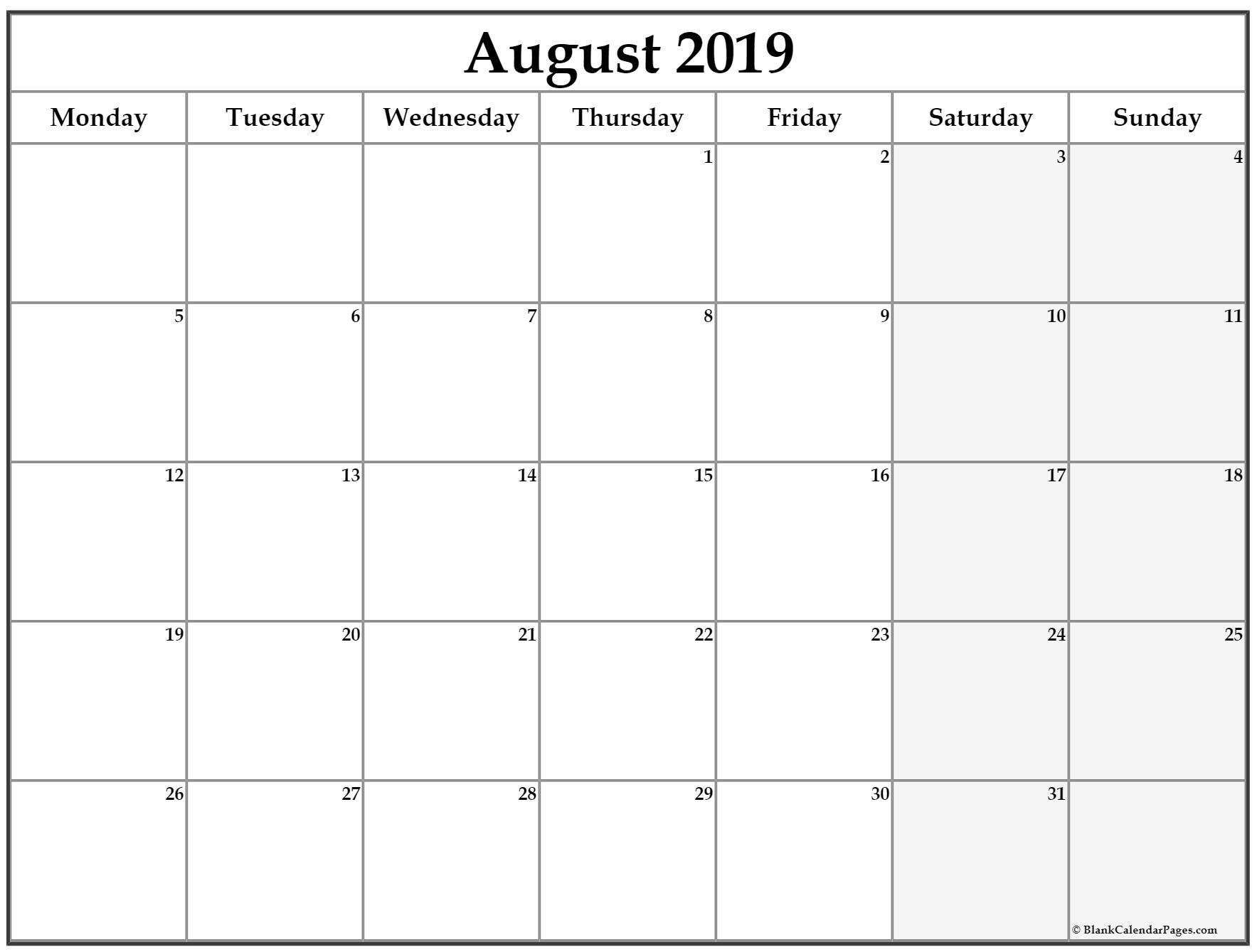 August 2019 Monday Calendar | Monday To Sunday