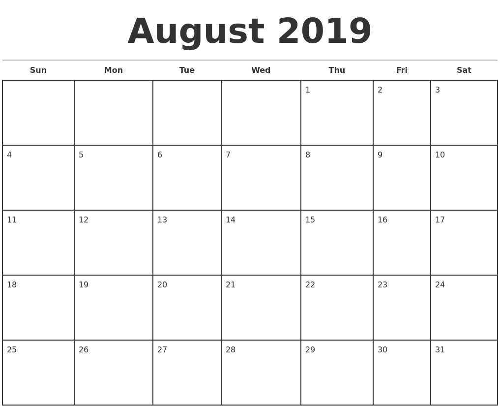 August 2019 Monthly Calendar Template