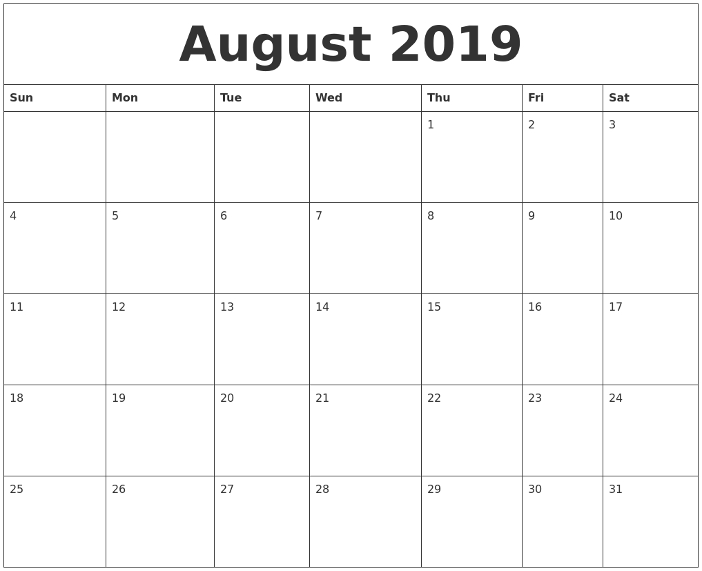 August 2019 Print Monthly Calendar