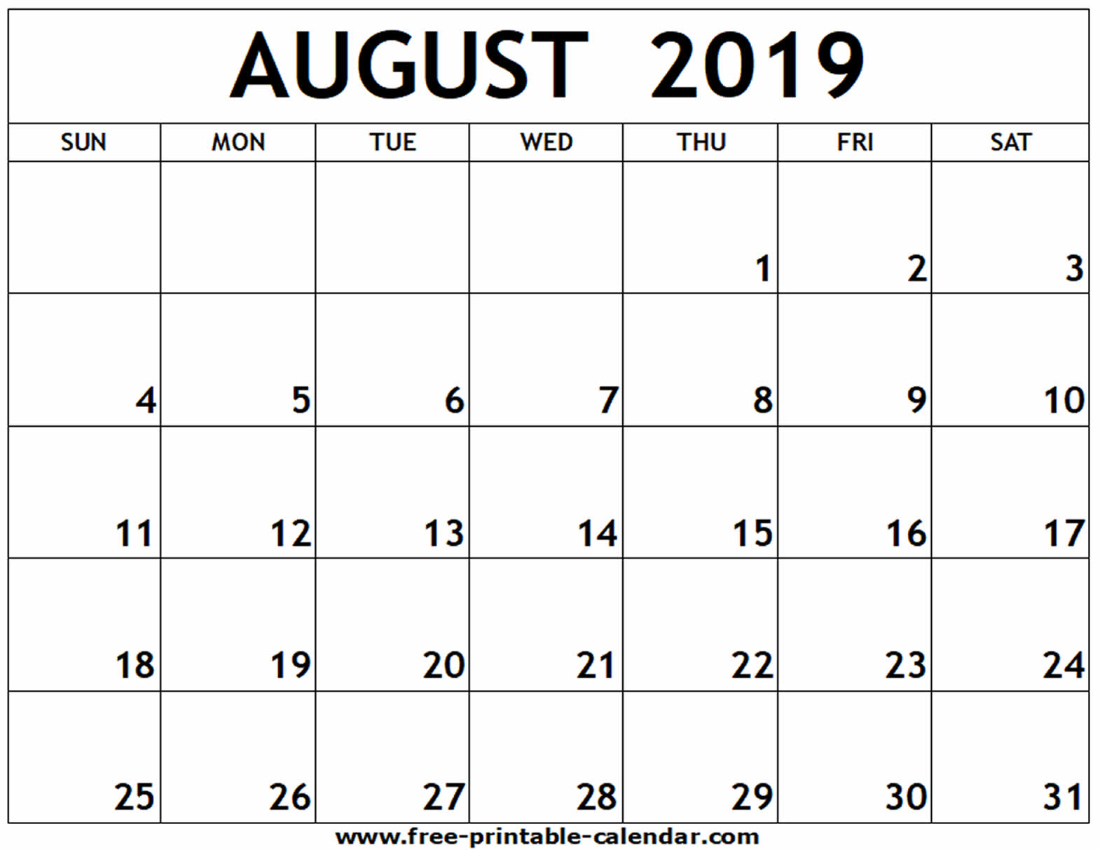 August 2019 Printable Calendar - Free-Printable-Calendar