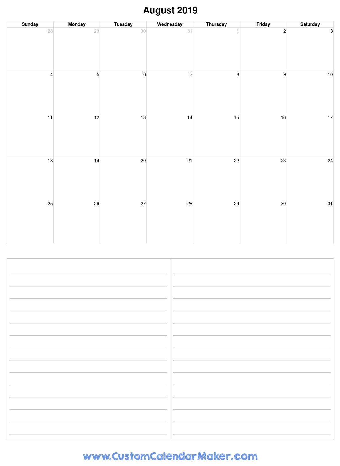 August 2019 Printable Calendars - Blank Pdf Templates