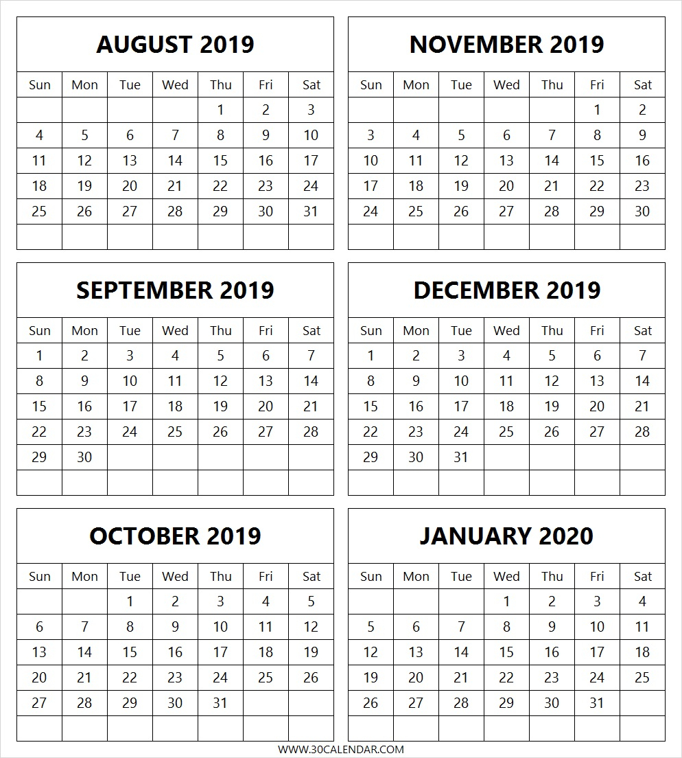 August 2019 To January 2020 Calendar Printable | 6 Month