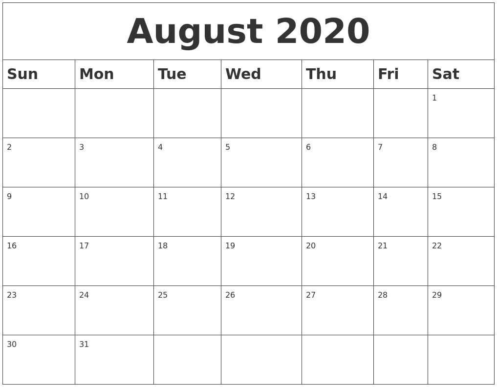 August 2020 Blank Calendar