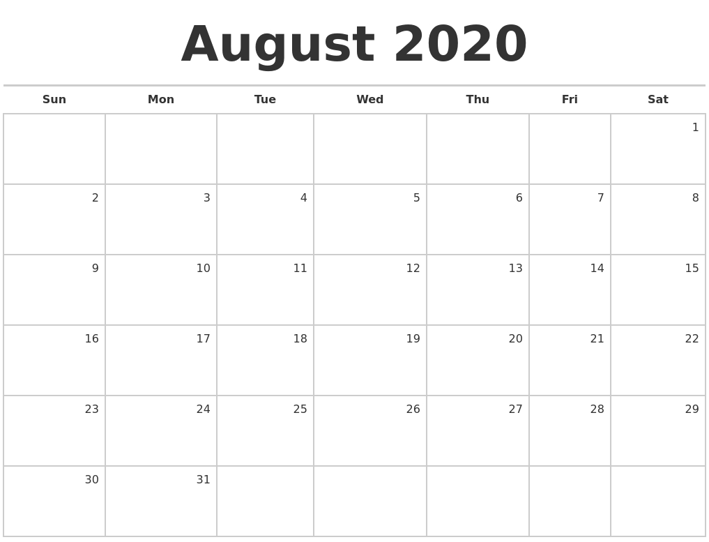 August 2020 Blank Monthly Calendar