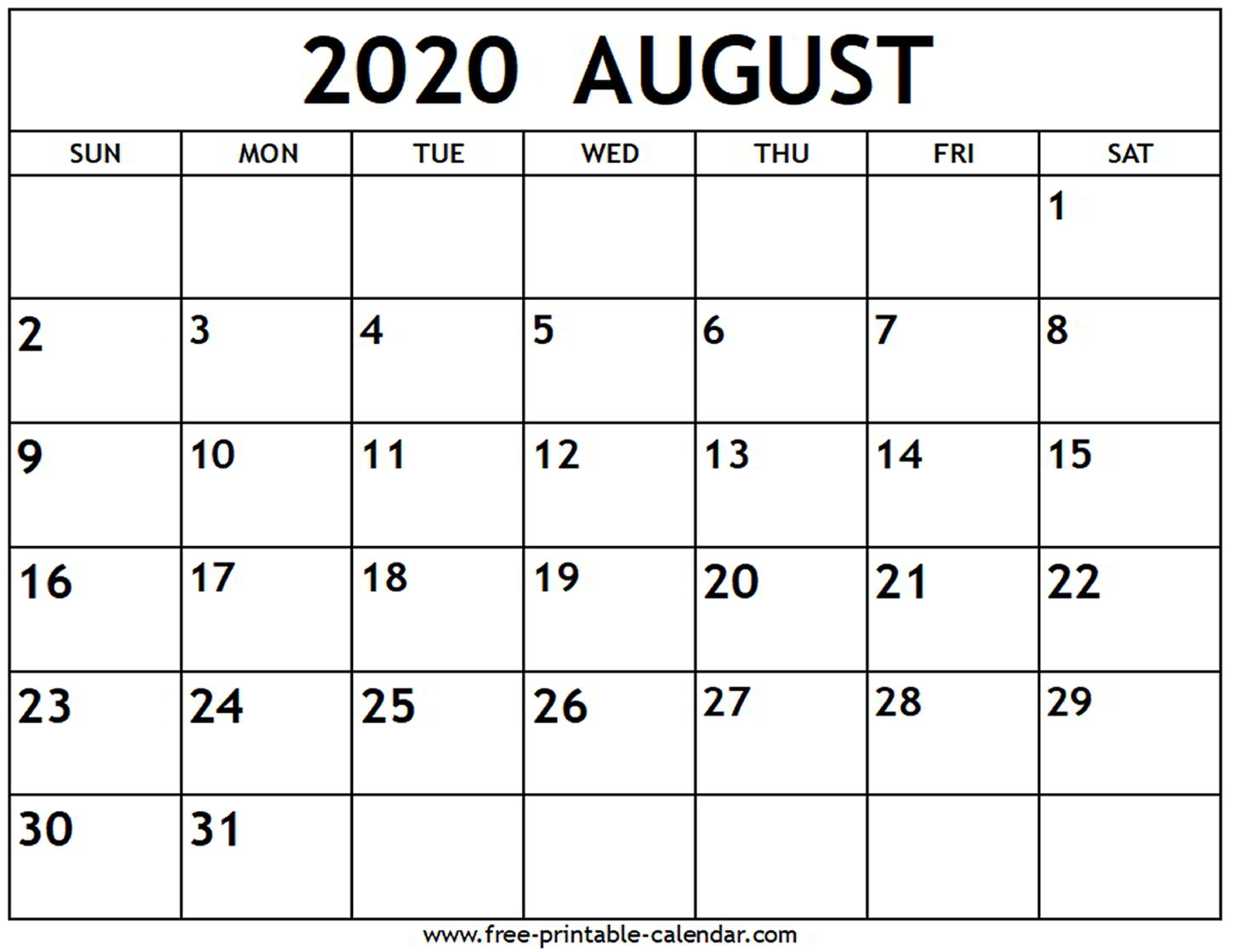 August 2020 Calendar - Free-Printable-Calendar