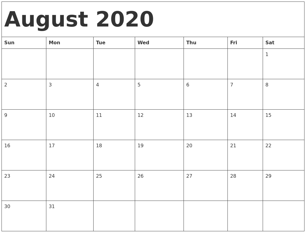 August 2020 Calendar Pdf, Word, Excel Printable Template