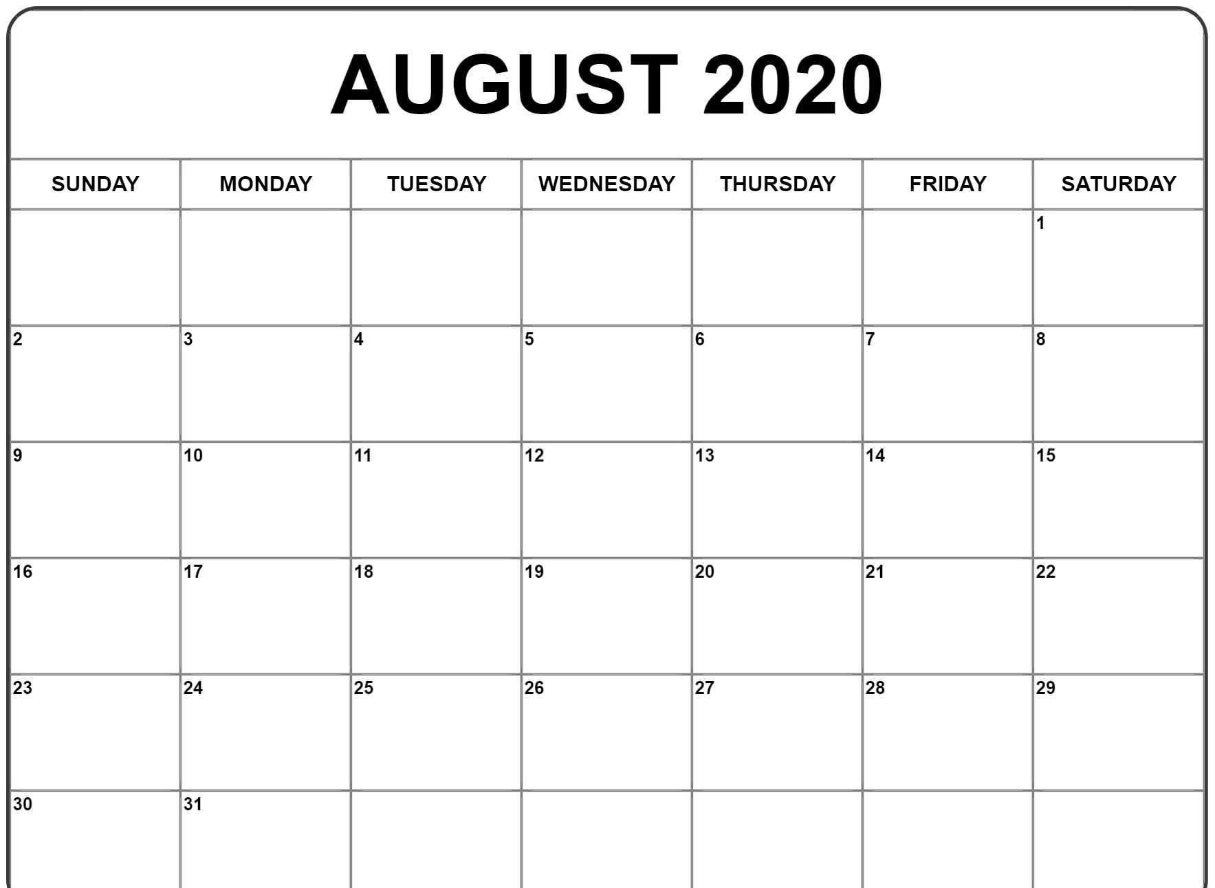 August 2020 Calendar Pdf, Word, Excel Printable Template